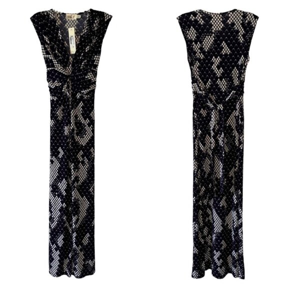 •SOLD•ELIZA J Navy Blue + White Print Knot Front Sleeveless Maxi Length Dress - Picture 5 of 9